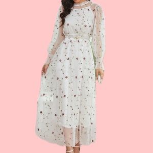Embroidery mesh overlay shirred white dress